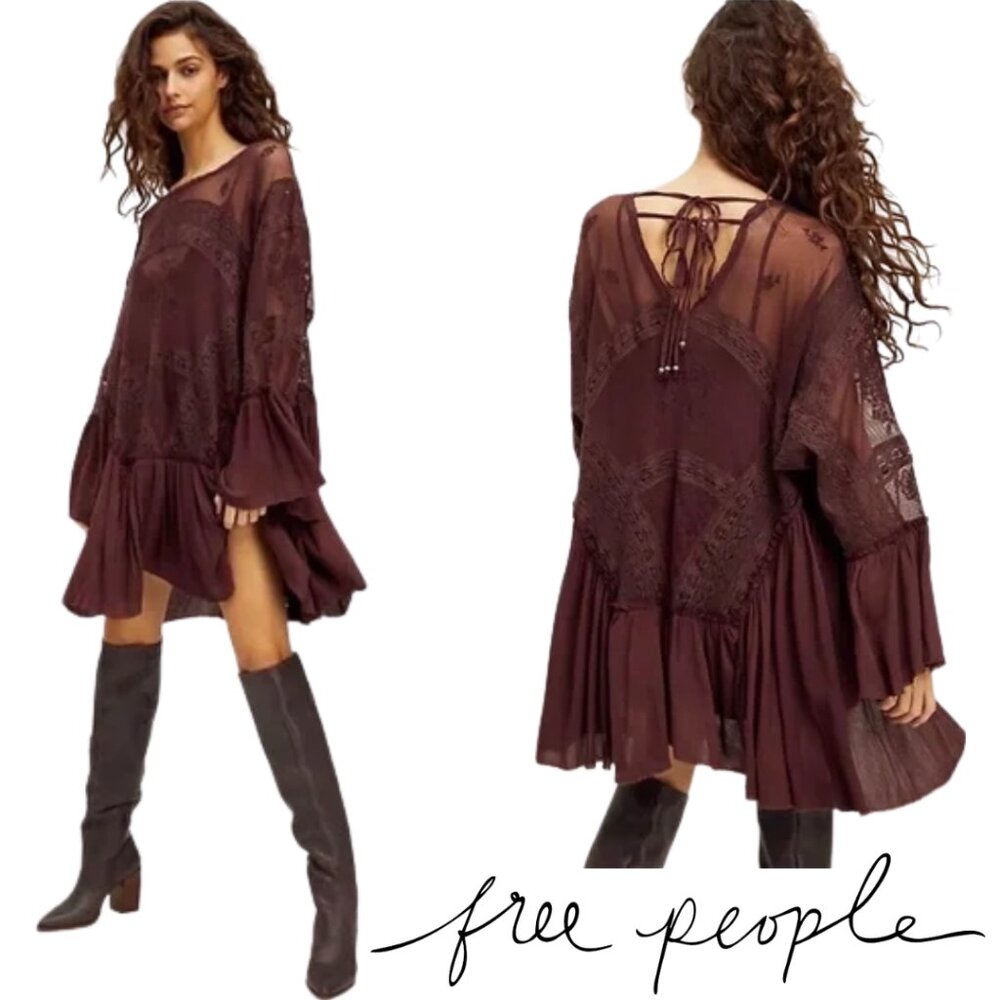 Free People Lace Swing Mini Oversized Dress - Bell Sleeves, Tie‑Back, Size Small